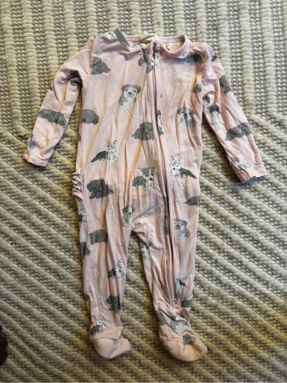 Girls' Pink Puppy Print Footed One-Piece Pajamas with Front Zipper